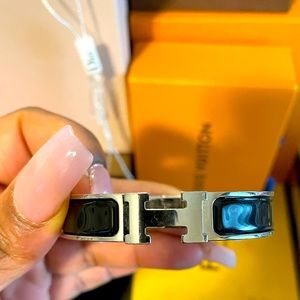 Hermès black silver enamel H cuff bangle bracelet